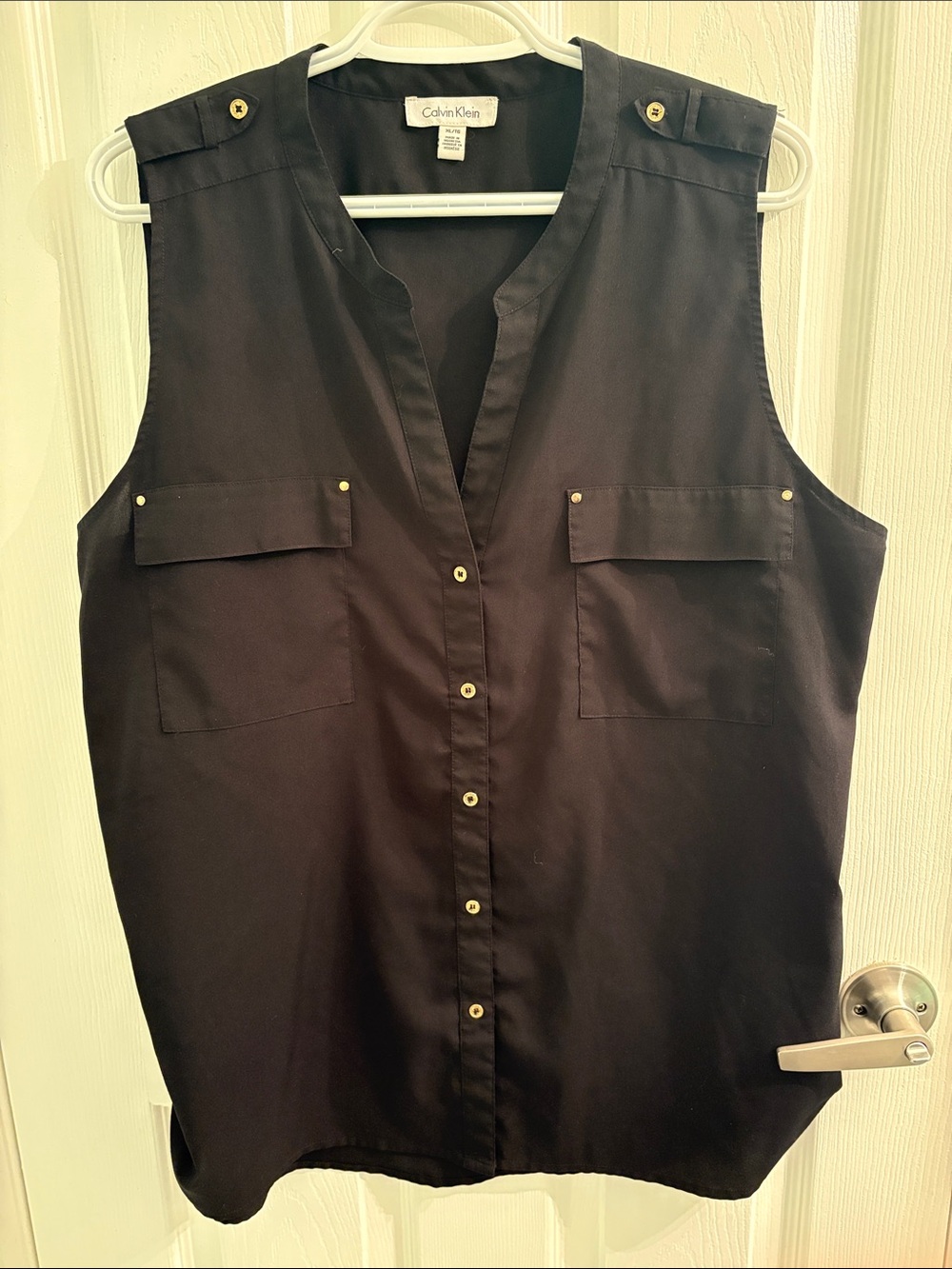 Calvin Klein Black Sleeveless Button-Front Utility Top with Gold Accents